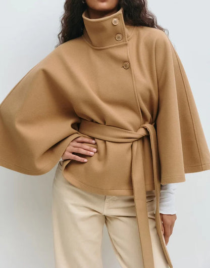 Winter High Neck Batwing Sleeve Coat with Belt Fashion Loose Elegant Button Top Trench Coat for Women Clothing